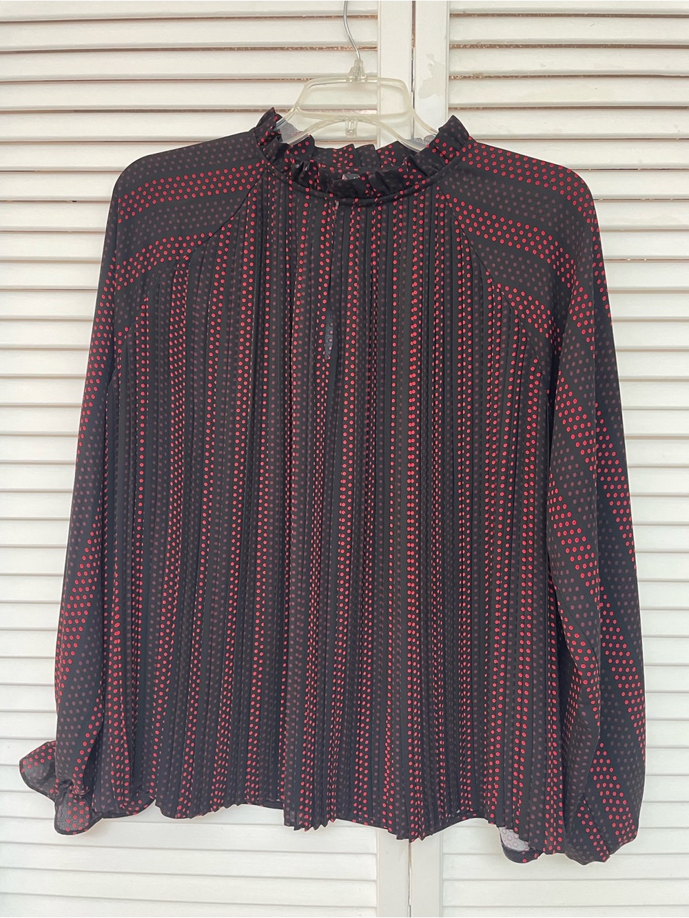 Ann Taylor Black Blouse with Red Dot Stripe Pattern